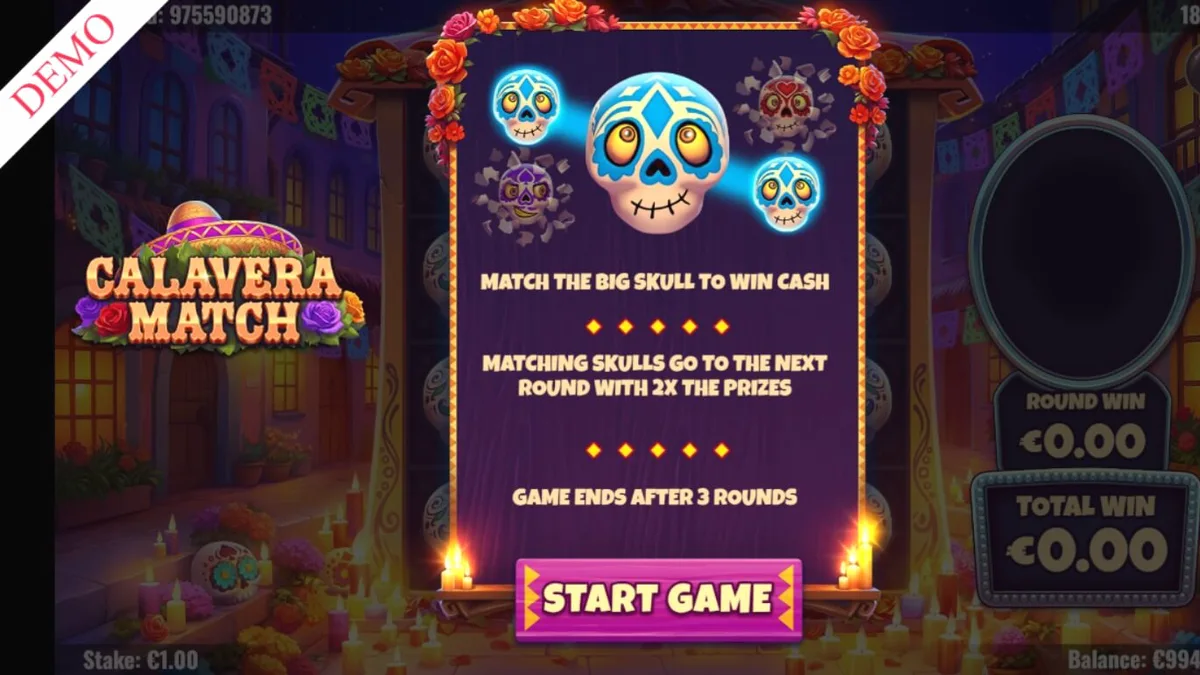 Tinjauan permainan Slingo Day 2 Dab dengan tema Day of the Dead yang penuh warna, menampilkan tengkorak gula dan bunga marigold.