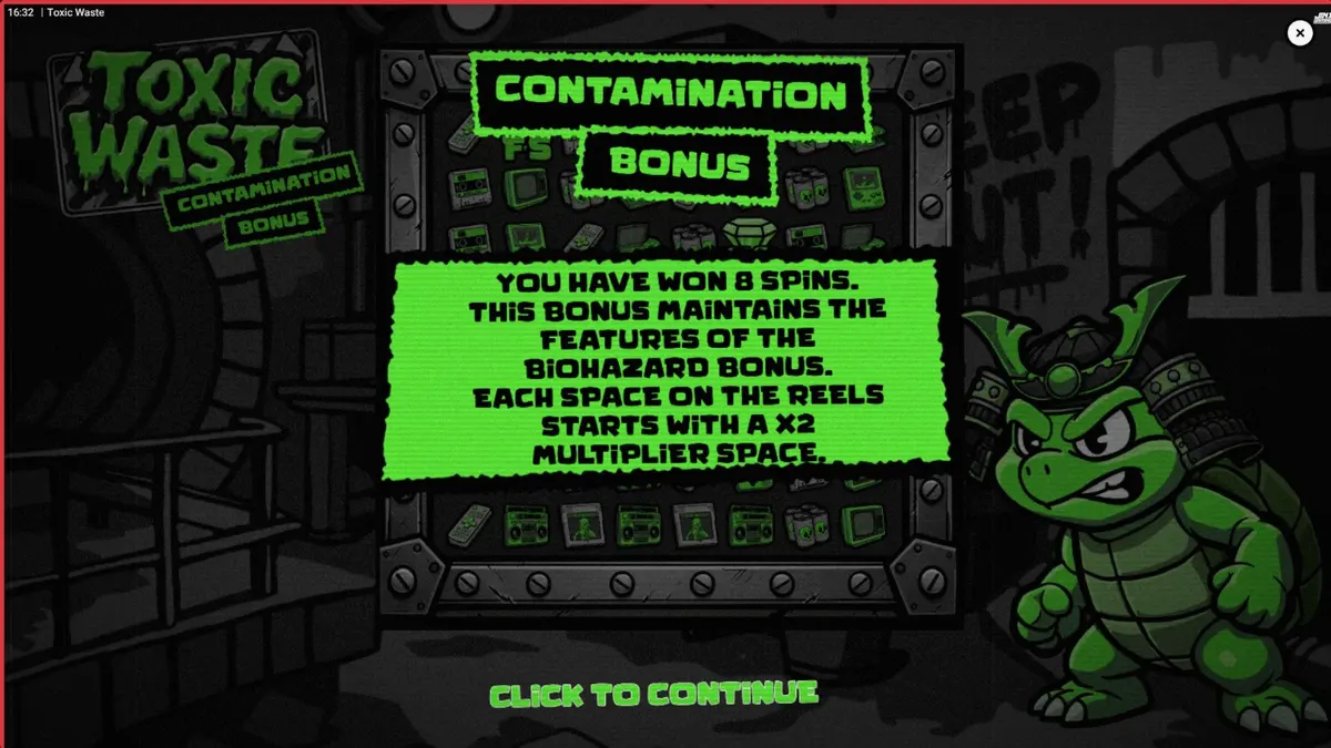Tampilan visual slot Toxic Waste dengan tema laboratorium neon