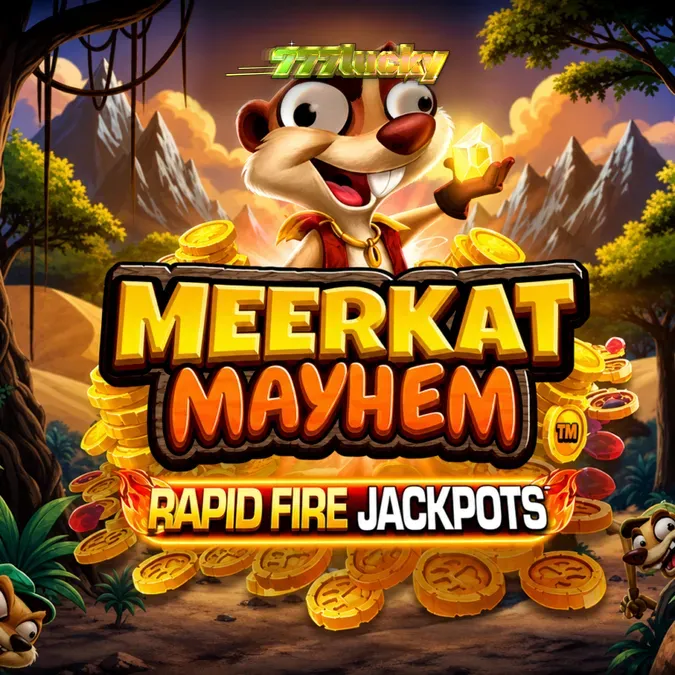 Tampilan visual slot Meerkat Mayhem dengan tema gurun dan meerkat yang lucu